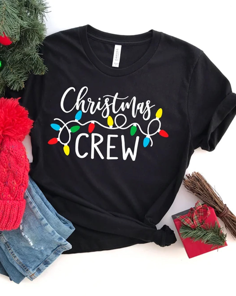 Christmas Crew Letter Lights Print T-shirt 2024 f/w christmas summer t-shirts