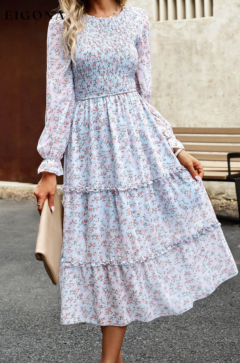 Smocked Flounce Sleeve Midi Dress clothes DY Ship From Overseas trendsi