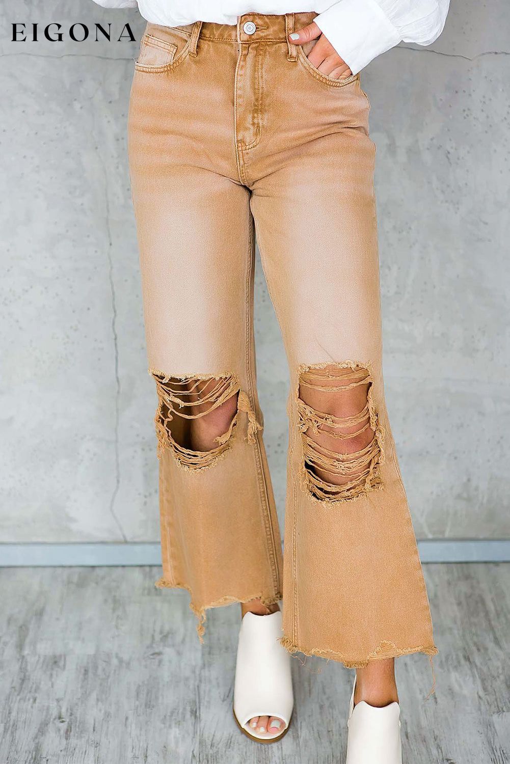 Brown Distressed Hollow-out High Waist Cropped Flare Jeans All In Stock Best Sellers clothes Color Orange Craft Distressed EDM Monthly Recomend Fabric Denim Hot picks Occasion Daily Print Solid Color Season Spring Silhouette Wide Leg Style Southern Belle