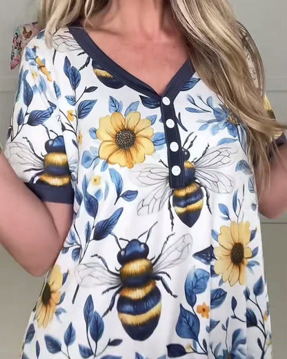 V-Neck Bee Floral Print Dress