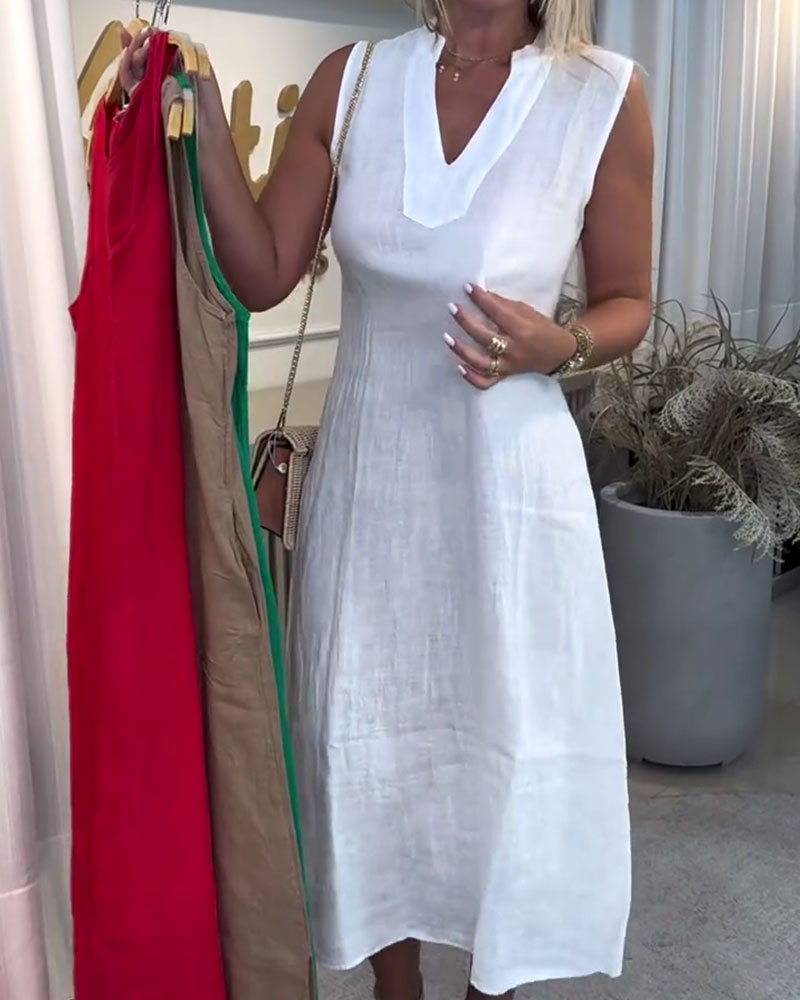 V-Neck French Cotton And Linen Sleeveless Dress