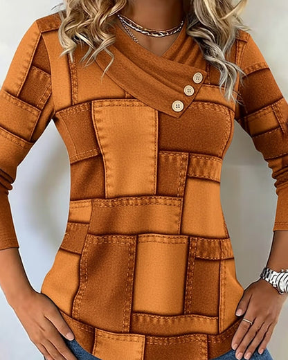 V-Neck Contrast Solid Color Long-Sleeved Top