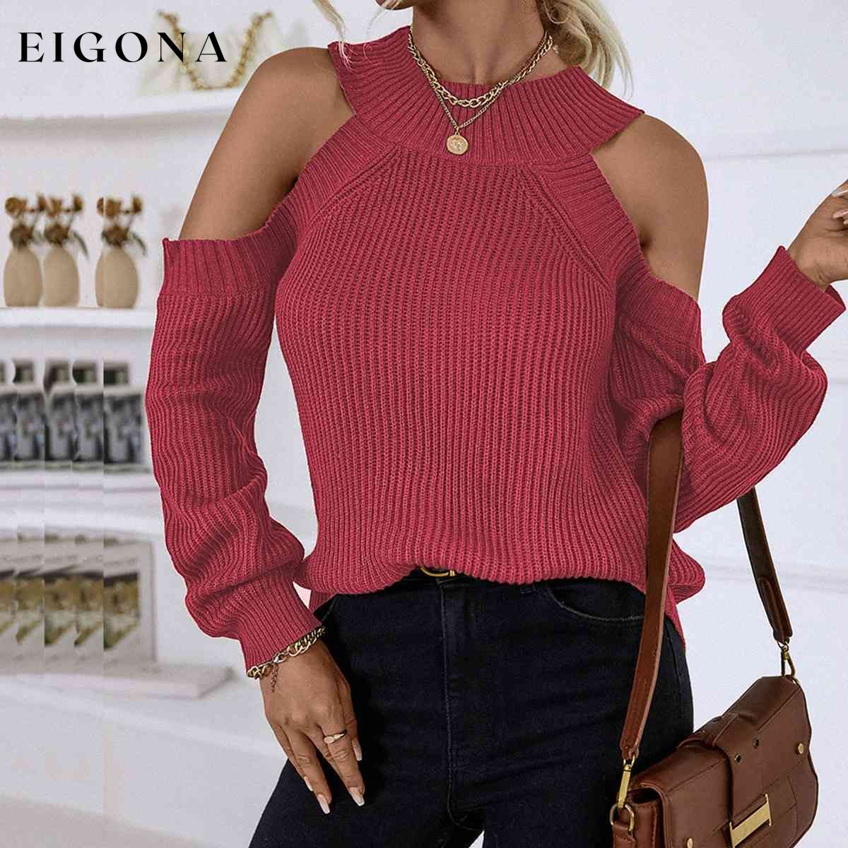 Round Neck Cold-Shoulder Sweater Deep Rose clothes Ship From Overseas Y@Q@S