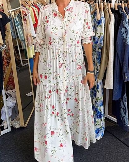 Stylish Floral Stand-Collar Dress