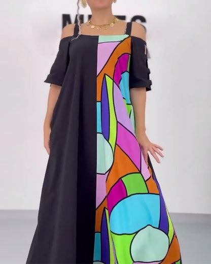 Off-Shoulder Contrast Print Loose Dress