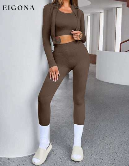 Brown Ribbed Knit 3pcs Sports Set clothes EDM Monthly Recomend Season Winter