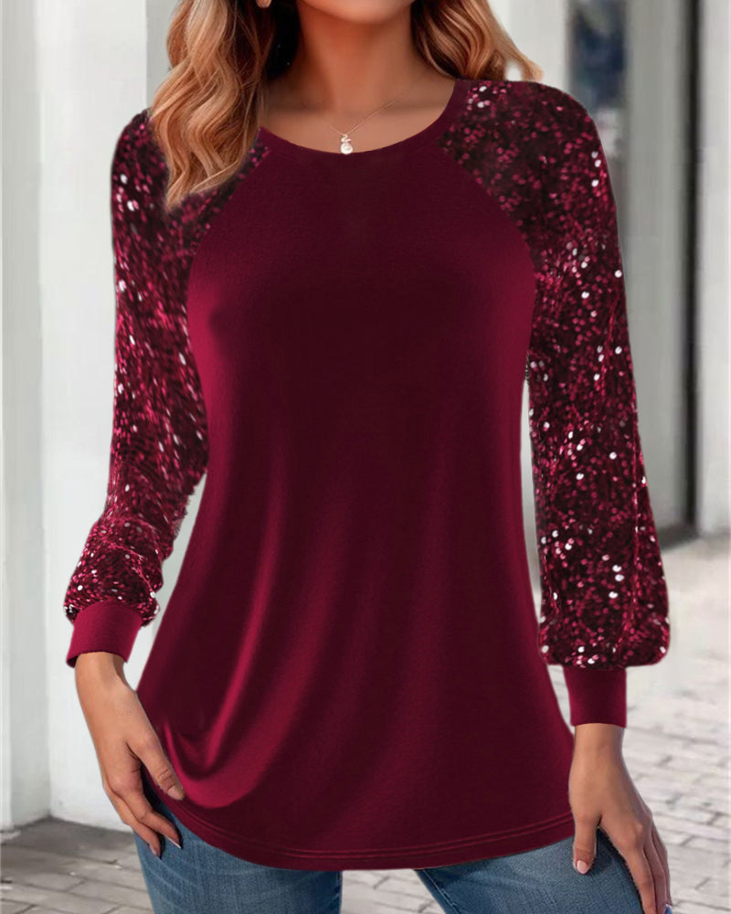 Casual solid color round neck sequined lantern sleeve top 2024 f/w blouses & shirts christmas