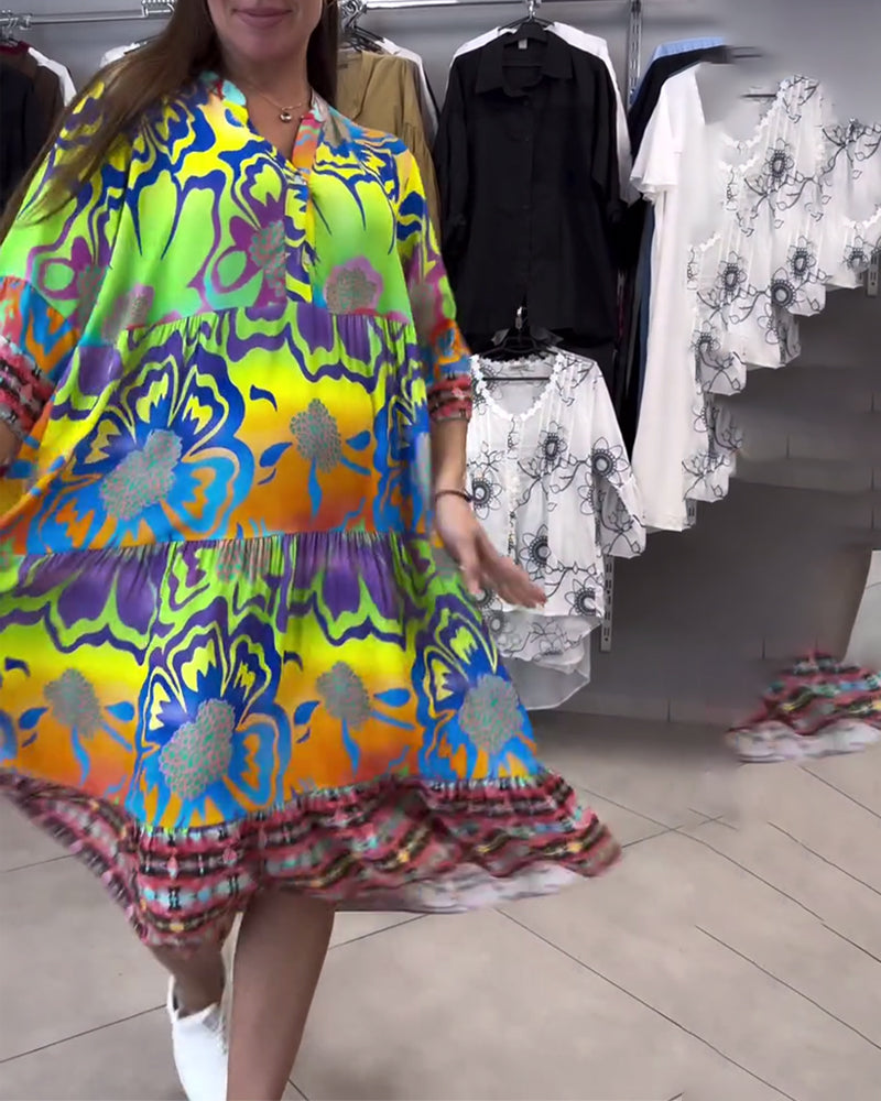 V-Neck Printed Casual Bohemian Dress