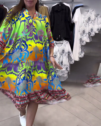 V-Neck Printed Casual Bohemian Dress