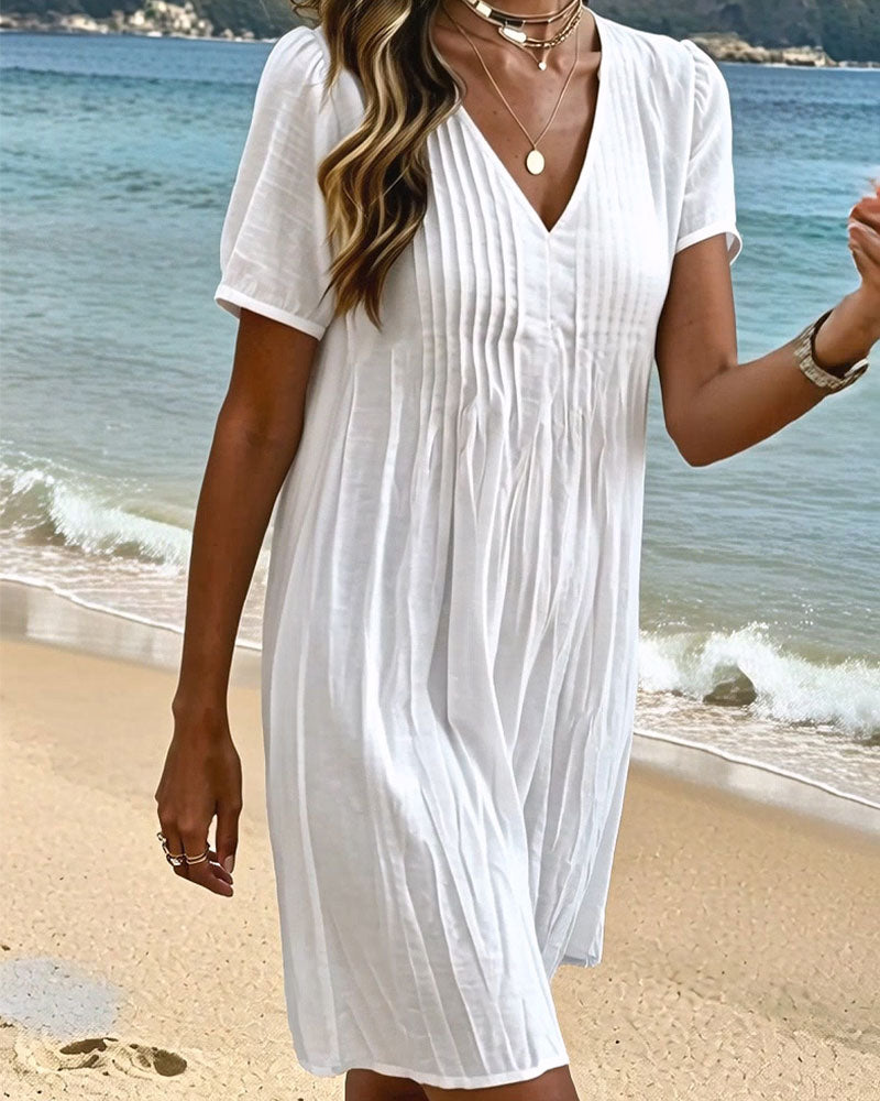 Cotton Puff Sleeve V-Neck Ruched Dress