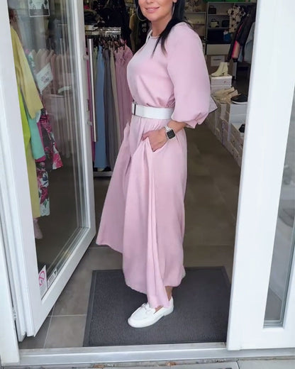 Solid Color Lantern Sleeve Dress
