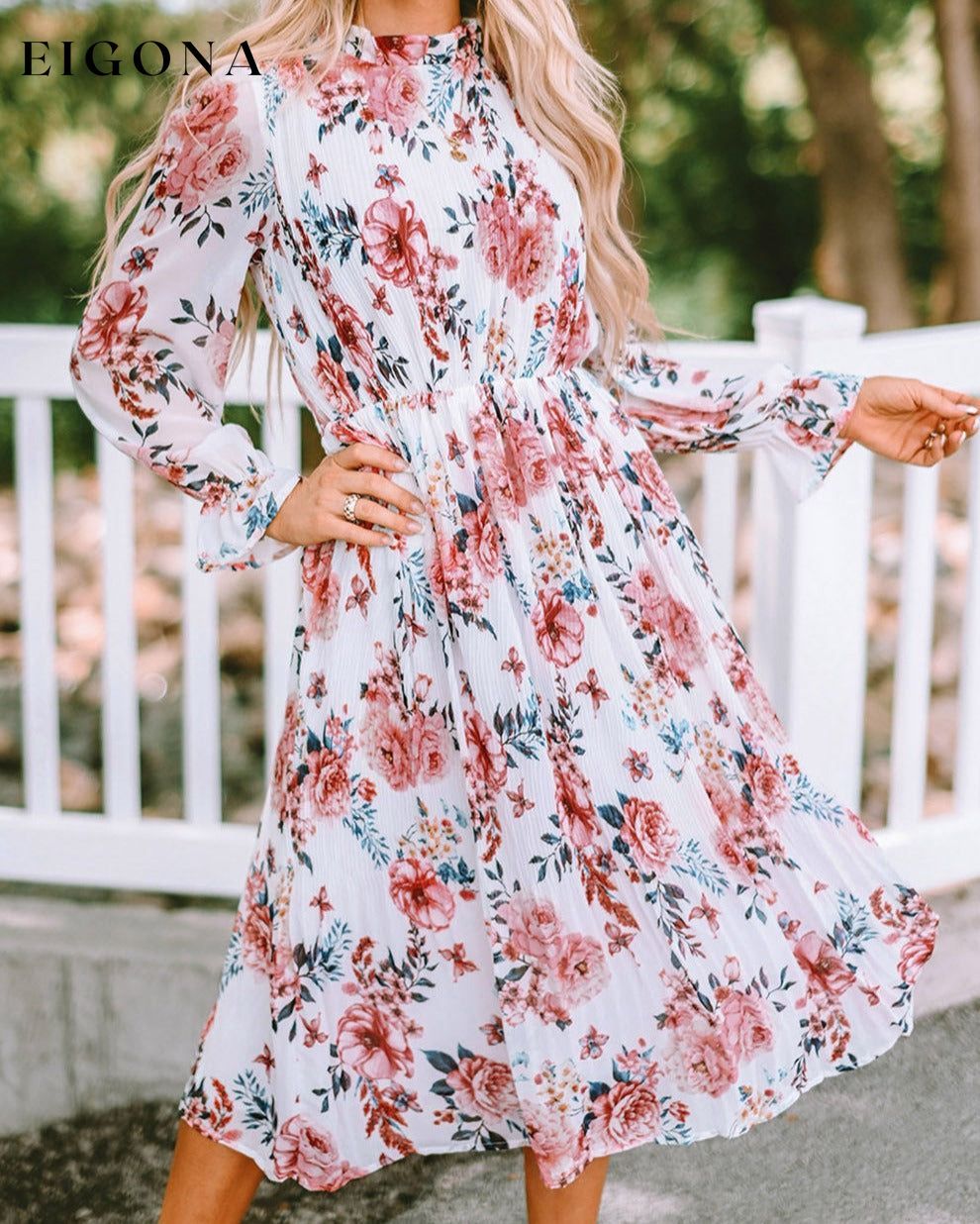 Beige Floral Print Puffy Sleeve Ruffled Midi Dress All In Stock clothes Color Pink DL Chill Out DL Exclusive dress dresses long dress long dresses Occasion Vacation Print Floral Season Spring Sleeve Puff sleeve Style Bohemian