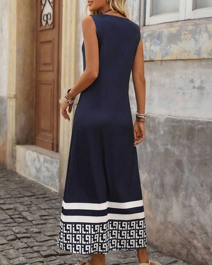 Sleeveless Geometric Print Hem Long Dress