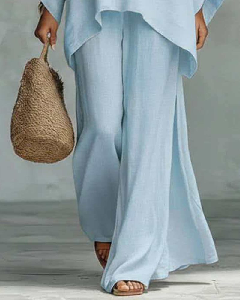 Solid color shirt and wide-leg pants suit
