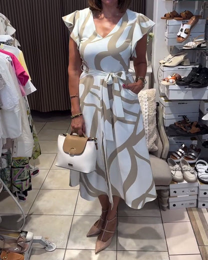 V-Neck Printed Ruffle Sleeve Dress