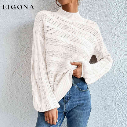 Cable-Knit Mock Neck Long Sleeve Sweater White clothes M@F@Y Ship From Overseas