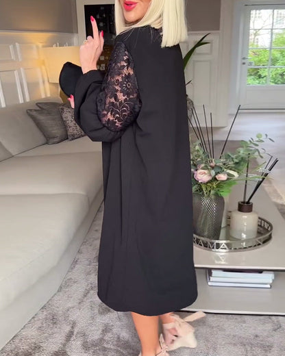 Elegant V-neck lace hollow long sleeve dress