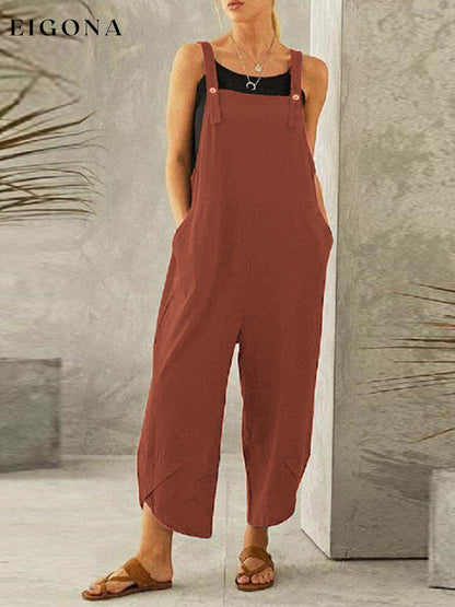 Women's Casual Pure Color Ankle-Length Overalls cotton linens