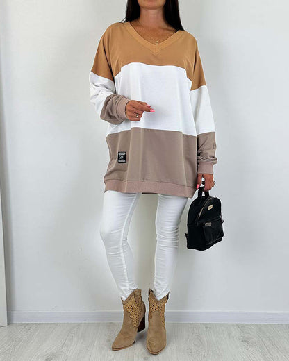 Casual color block printed V-neck loose sweatshirt 2024 f/w spring sweatshirts