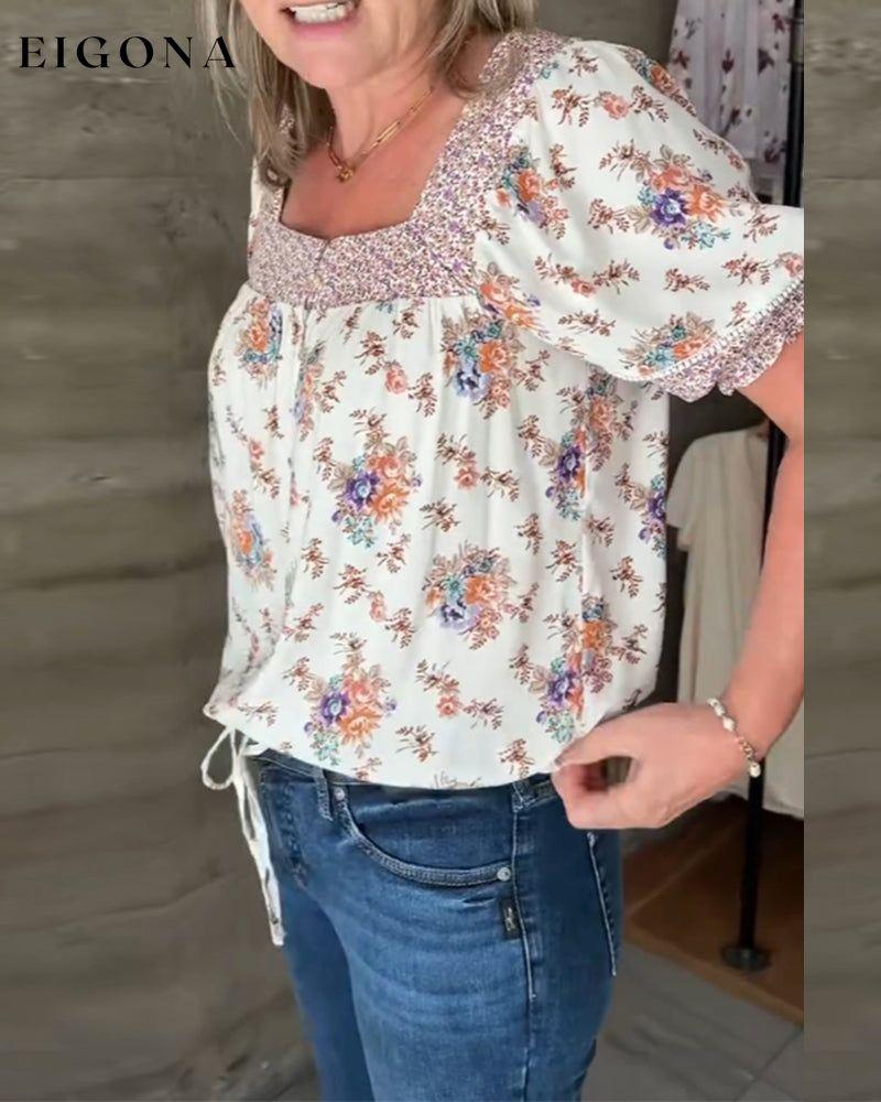 Print square neck short sleeve top blouses & shirts summer