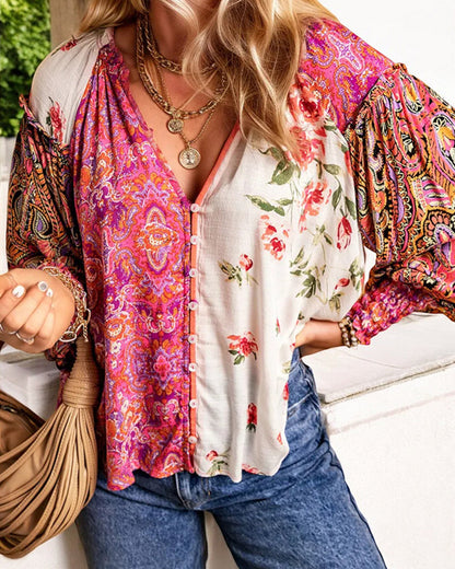 V-neck single-breasted printed blouse 2024 f/w blouses & shirts spring