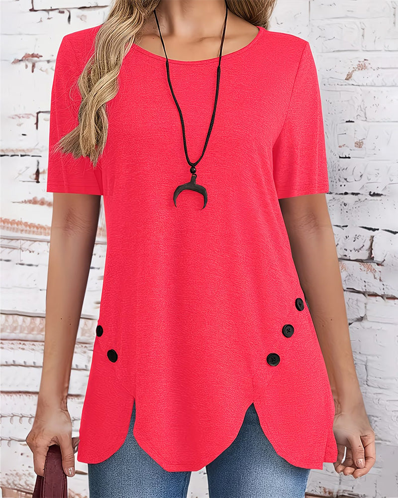 Button Decor Petal Hem T-Shirt