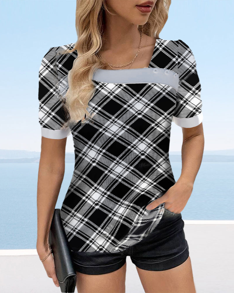 Square collar short sleeve plaid blouse blouses & shirts summer