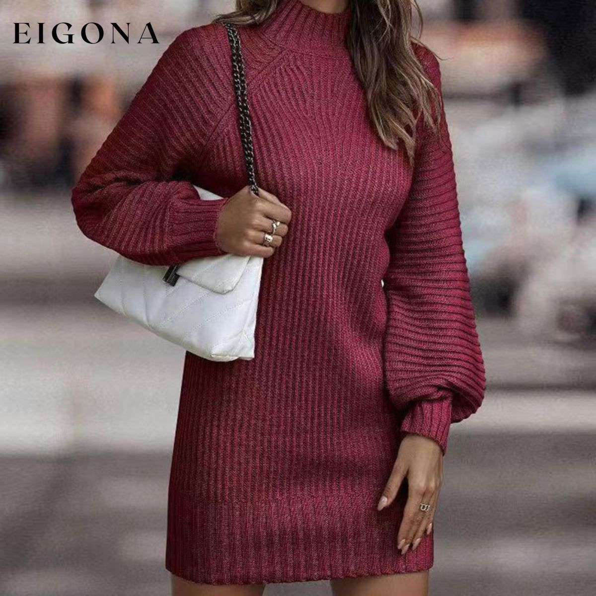 Mock Neck Lantern Sleeve Sweater Dress casual dresses clothes dress dresses Ship From Overseas Shipping Delay 09/29/2023 - 10/04/2023 sweater dress Y@Y@D@Y