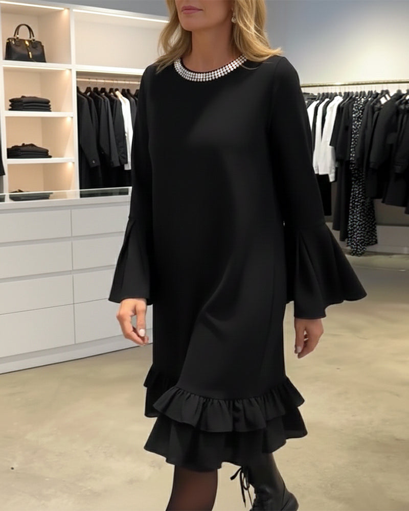 Flare Sleeve Hotfix Rhinestone Straight Dress