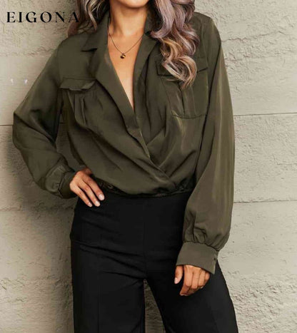Olive Lapel Collar Long Sleeve Blouse Army Green clothes HS long sleeve shirt long sleeve shirts long sleeve top long sleeve tops Ship From Overseas shirt shirts top tops