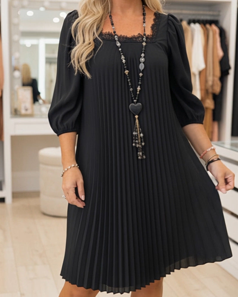 Square-Neck Puff-Sleeve Pleated Dress