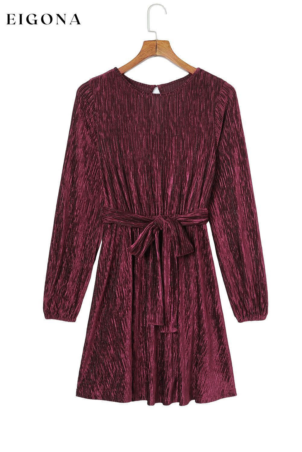 Fiery Red Tie Waist Crinkle Velvet Dress casual dress casual dresses clothes Color Purple dress dresses Fabric Velvet long sleeve dresses Occasion Daily Print Solid Color Season Winter short dresses Silhouette A-Line Style Elegant