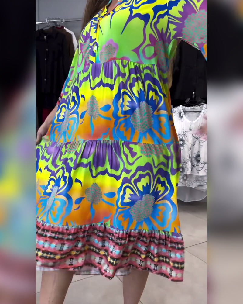 V-Neck Printed Casual Bohemian Dress