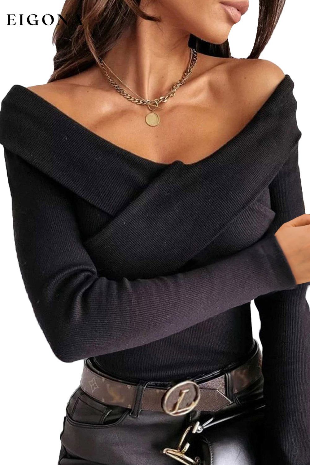Black Ribbed Crossed V Neck Sexy Casual Long Sleeve Top All In Stock clothes Fabric Ribbed long sleeve shirts long sleeve top long sleeve tops Occasion Daily Print Solid Color Season Fall & Autumn shirt shirts Style Elegant top tops