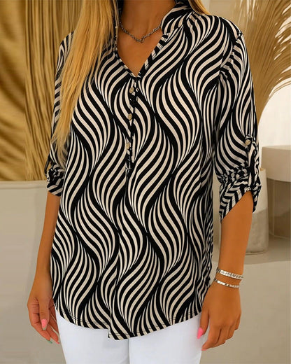 Blouse Geometric Button V-Neck