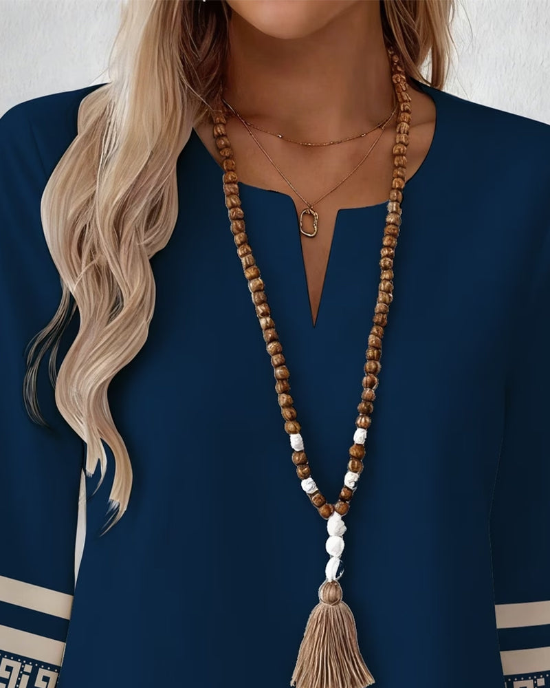 Geometric Print V-Neck Three-Quarter Sleeve Top