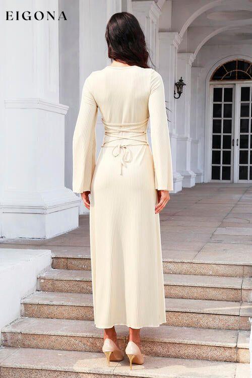 Tie Back Ribbed Round Neck Long Sleeve Dress casual dresses clothes dresses long sleeve dress long sleeve dresses maxi dress Ship From Overseas Y&M