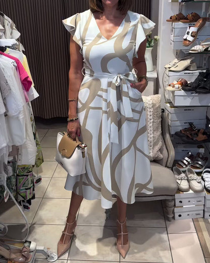 V-Neck Printed Ruffle Sleeve Dress