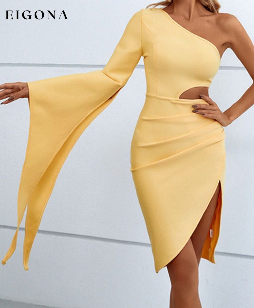 Cutout Split Flare Sleeve One-Shoulder Dress clothes dress dresses formal dress formal dresses long sleeve dress long sleeve dresses NF one shoulder dress one shoulder dresses one sleeve one sleeve dress Ship From Overseas short dress short dresses