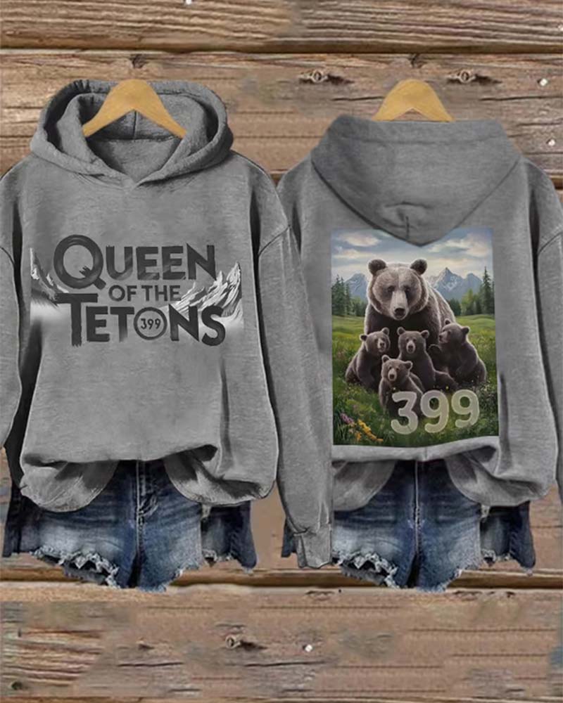 Women's Retro Grizzly 399 The Queen Of The Tetons 1996-2024 Print Hoodie 2024 f/w cute animals hoodies