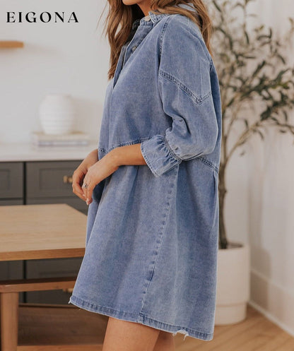 Collared Neck Flounce Sleeve Denim Mini Dress clothes clothing dress dresses Ship From Overseas short dresses SYNZ