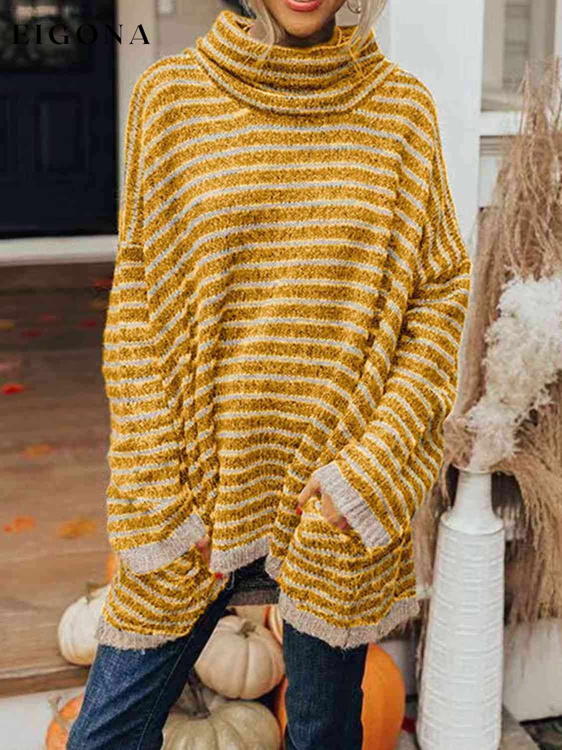 Striped Turtleneck Sweater with Pockets Mustard A@Y@M clothes Ship From Overseas Shipping Delay 09/29/2023 - 10/04/2023 sweater sweaters