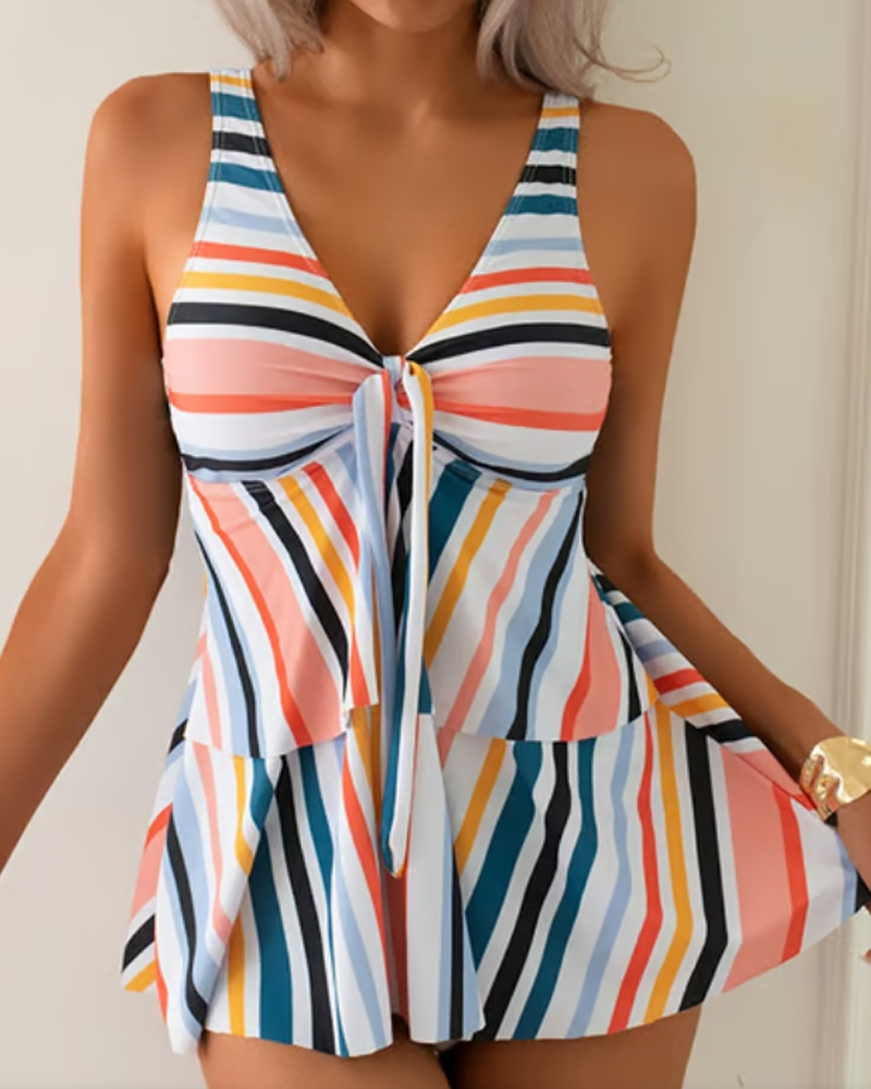 Lace-up Striped Triangle Two-Piece Swimsuit