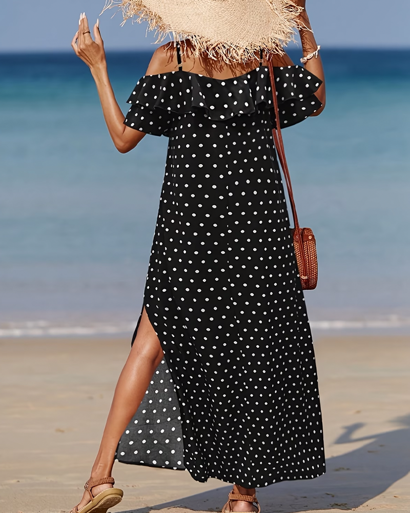 Thin Strap Cold Shoulder Polka Dot Long Dress