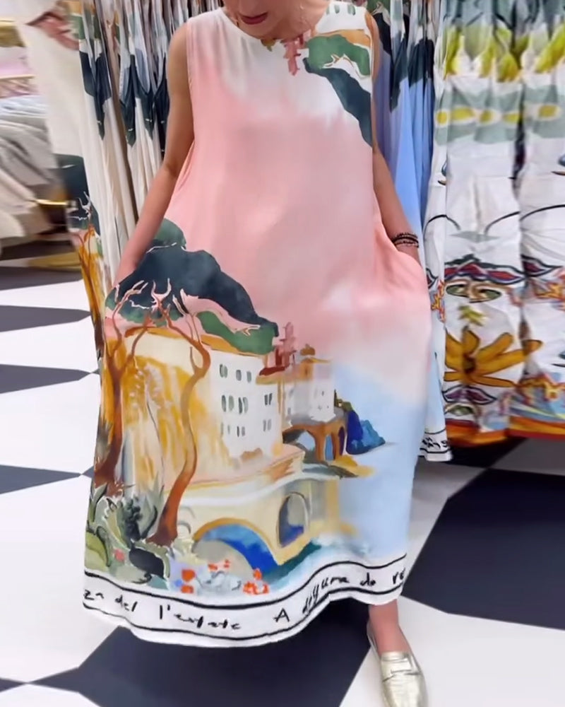 Sleeveless Landscape Painting Loose Dress