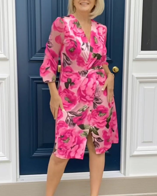 V-Neck Floral Print Long-Sleeve Dress