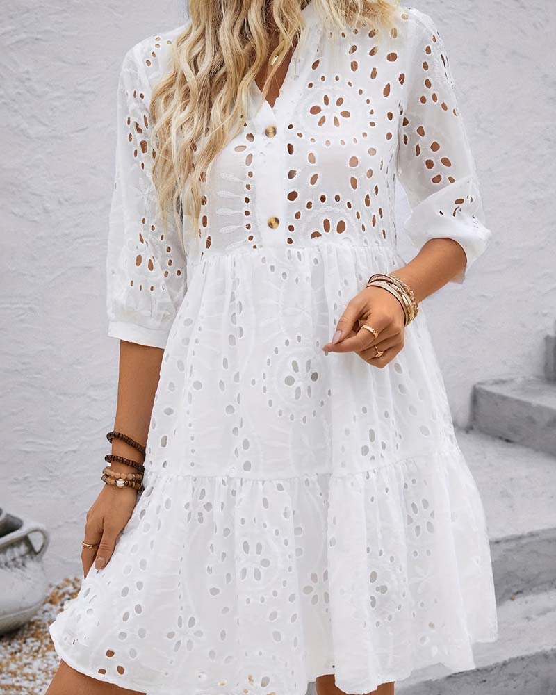 Hollow Out V-Neck Solid Color Ruffle Dress