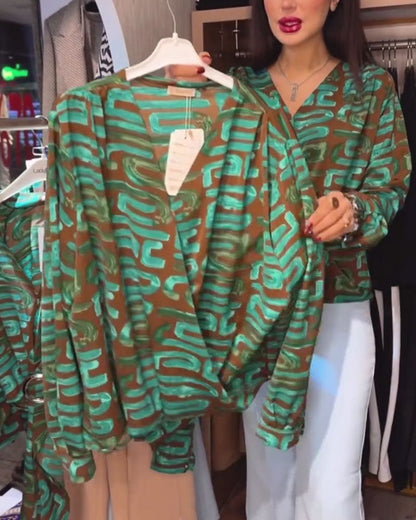 V-Neck Vintage Geometric Print Blouse