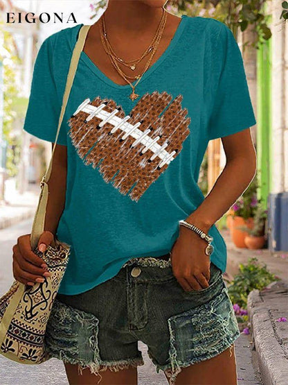 Women's Football Heart Print Casual V-Neck Tee ball print