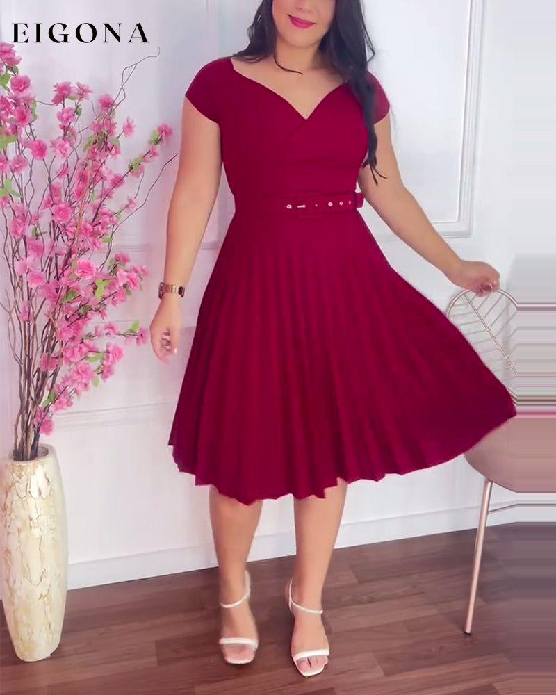 Solid color pleated V-neck elegant dress casual dresses summer